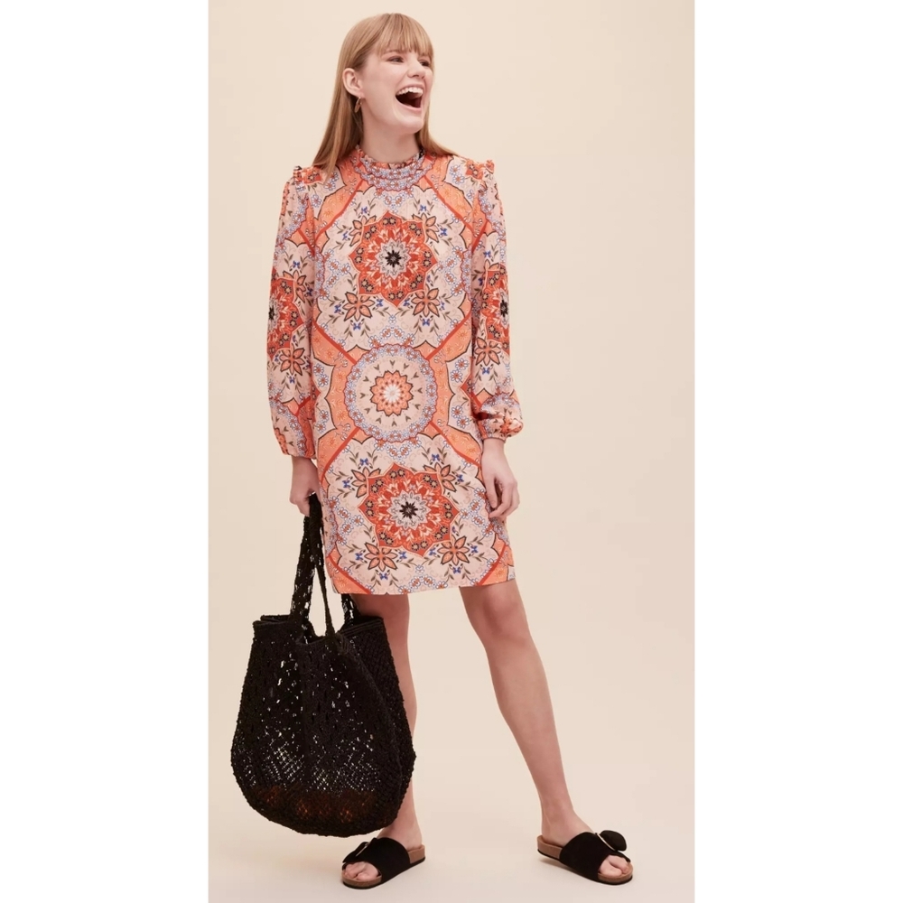 Kachel x Anthropologie Melody Tunic Tile Print Mock Neck Dress Size 4 In Orange
